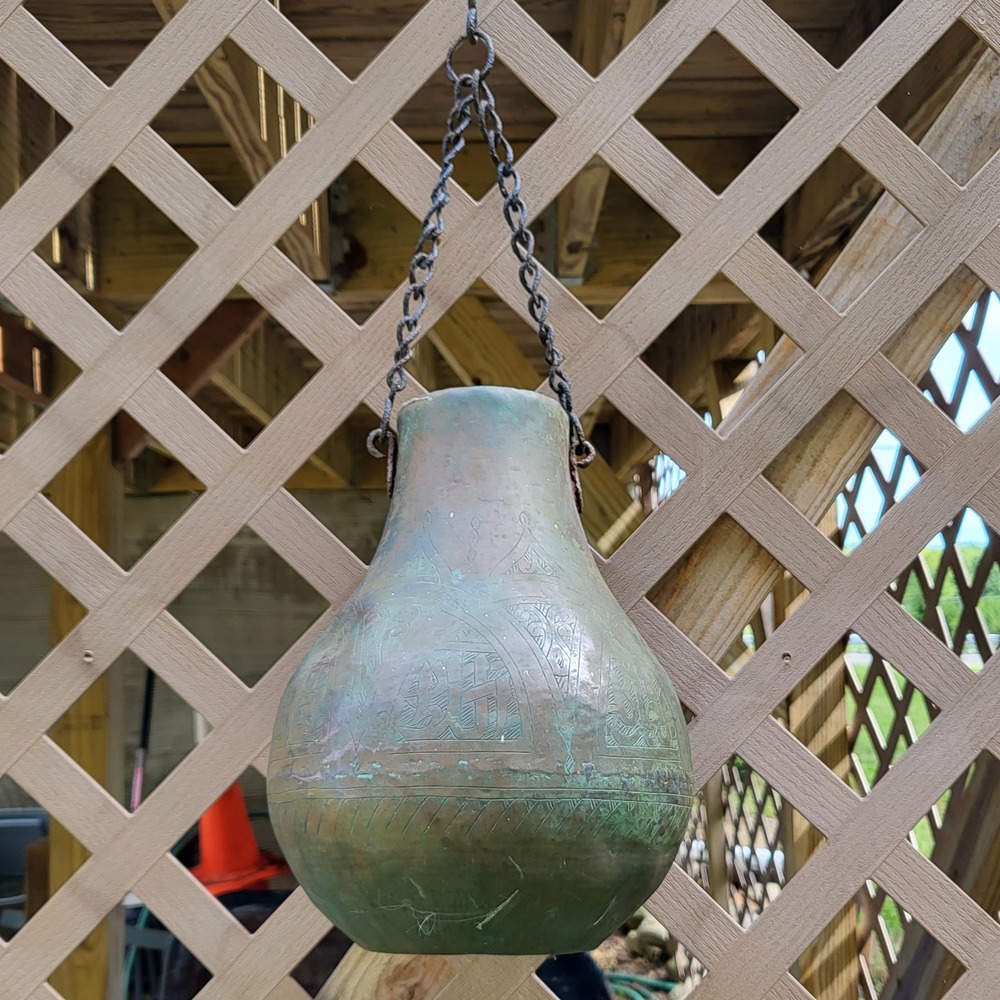 Antique Syrian Hand Etched Copper Hanging Vessel Pot Patina Syria 11.5 Inch - Picture 2 of 16